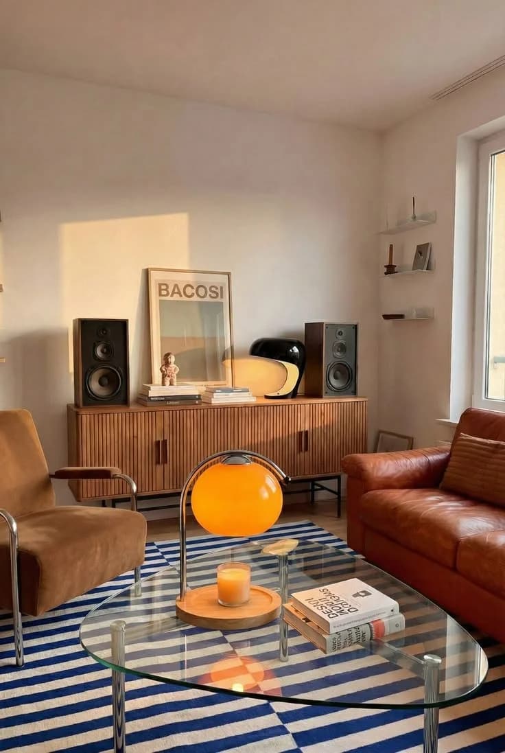 Retro lampa u dnevnom boravku s mid-century modern namještajem